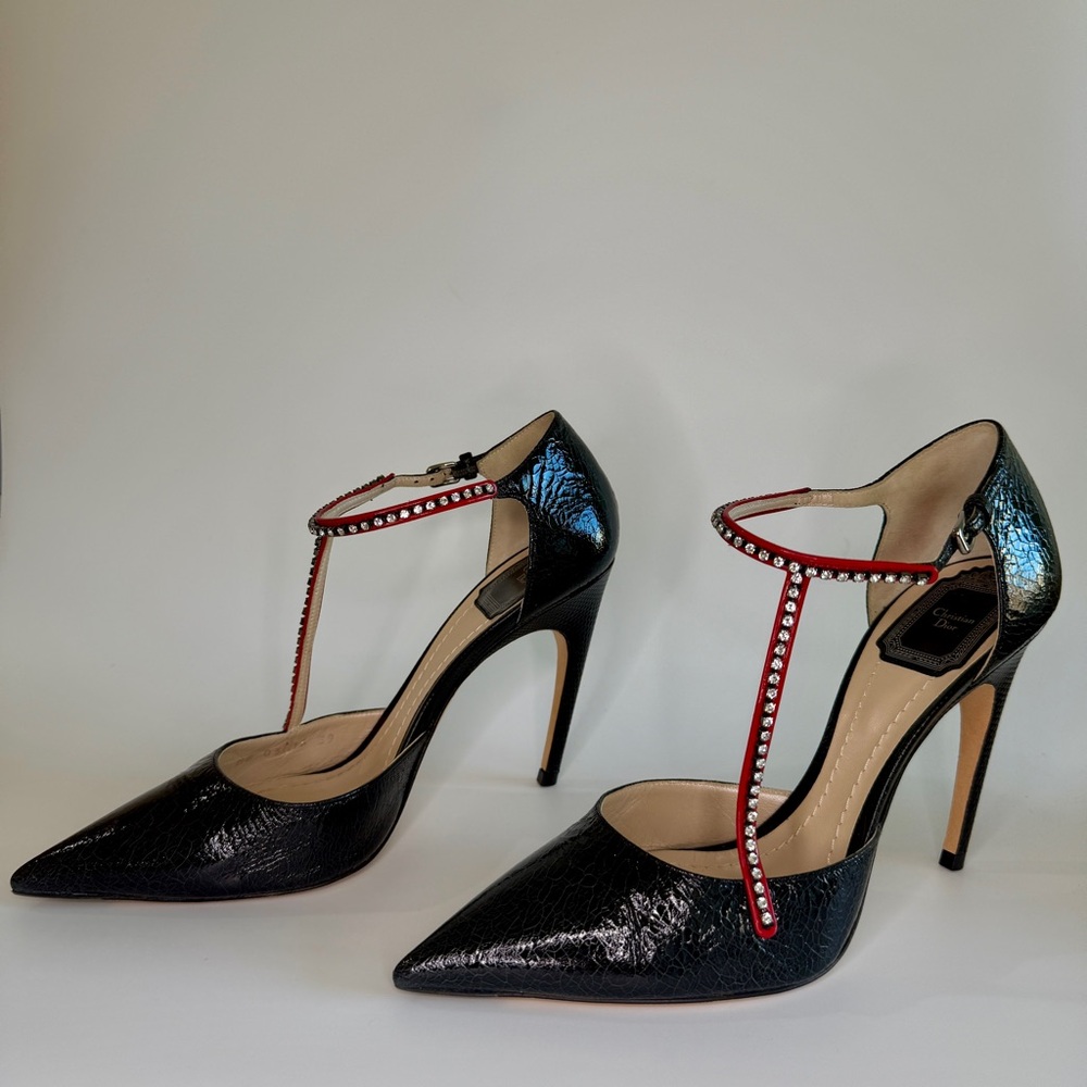 CHRISTIAN DIOR BLACK LEATHER CRYSTAL STRAP PUMPS